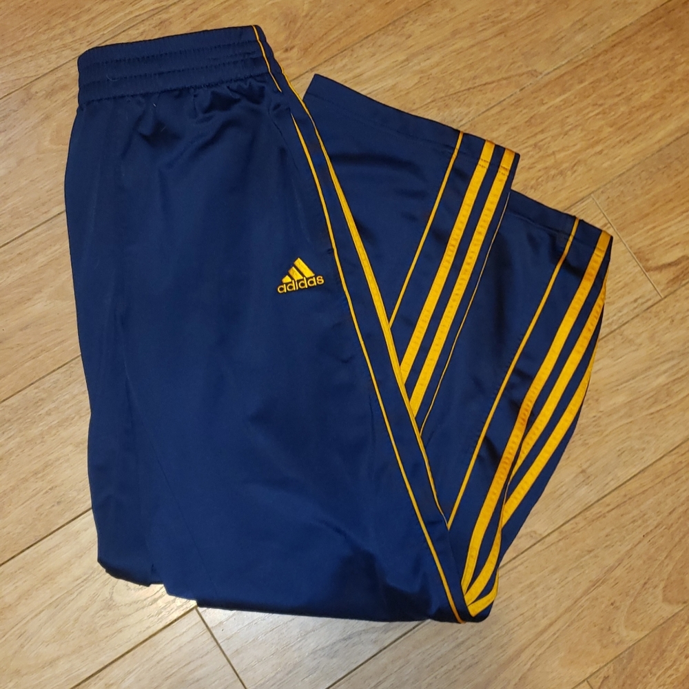 Navy Blue Adidas Track Pants with Orange Stripes